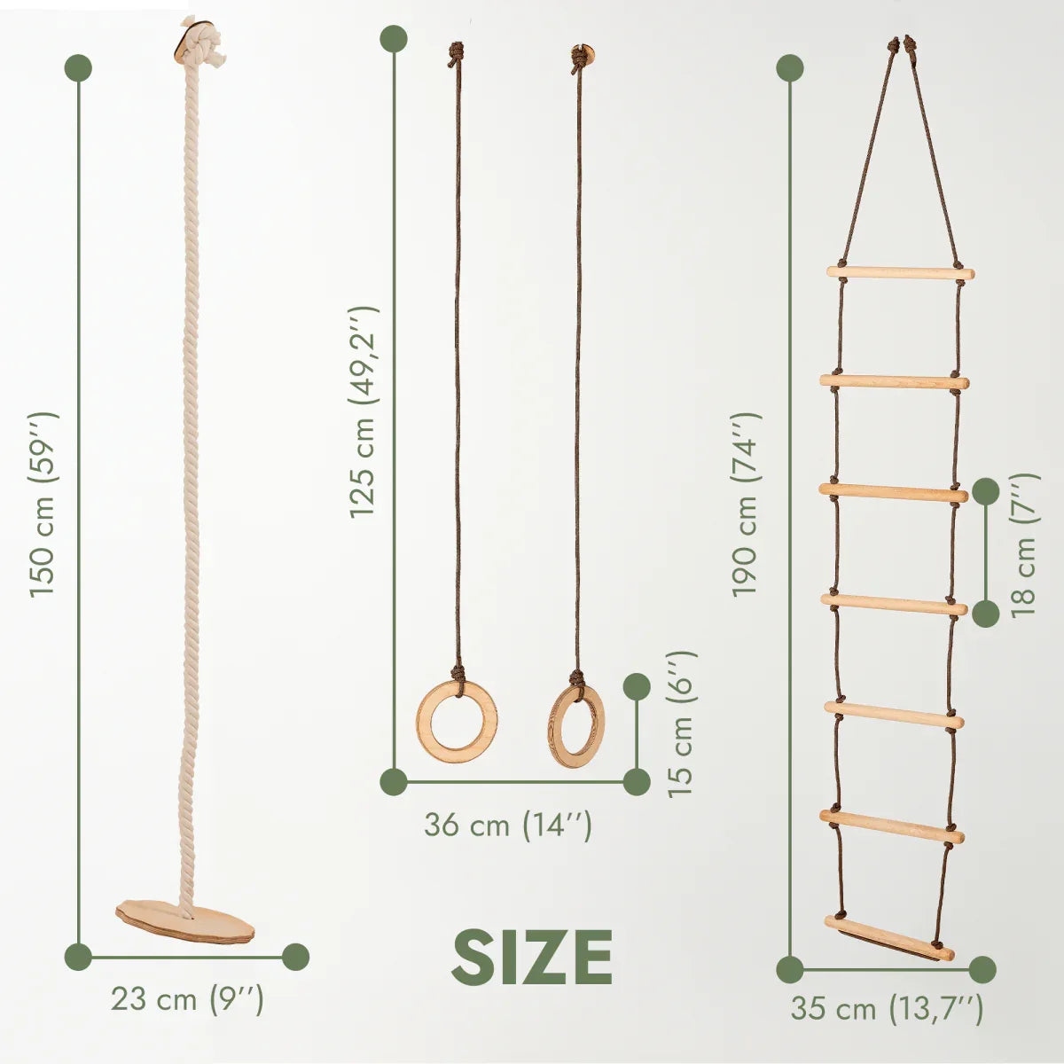 3in1 Swing & Climbing Set: Rope Ladder, Gym Rings & Disc Swing - BIG FRENCHIES
