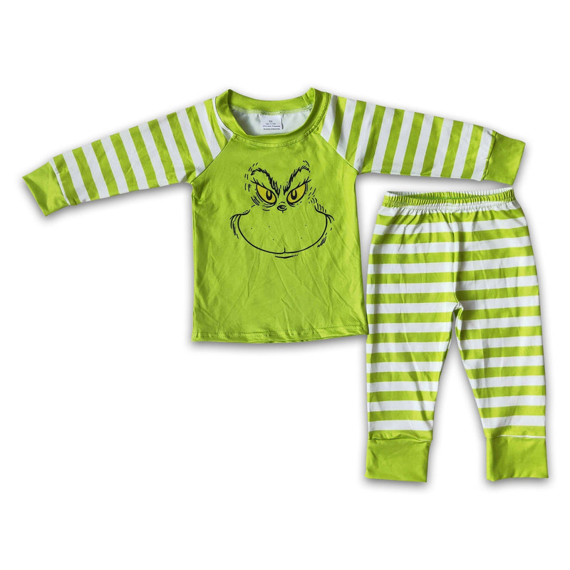 Green face screen print shirt stripe boy Christmas pajamas - BIG FRENCHIES