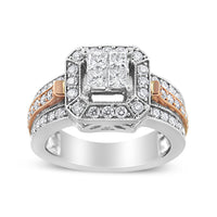 14K White and Rose Gold 1 1/8 Cttw Princess and Round-Cut Diamond Art Deco Style Triple Shank Halo Cocktail Ring (I-J Color, SI2-I1 Clarity) - Size 7