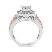 14K White and Rose Gold 1 1/8 Cttw Princess and Round-Cut Diamond Art Deco Style Triple Shank Halo Cocktail Ring (I-J Color, SI2-I1 Clarity) - Size 7