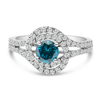 14K White Gold 1-1/3 Cttw White & Blue Diamond Interweaving Double Halo Cocktail Statement Ring (G-H and Fancy Blue Color, SI2-I1 Clarity) - Size 6