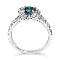 14K White Gold 1-1/3 Cttw White & Blue Diamond Interweaving Double Halo Cocktail Statement Ring (G-H and Fancy Blue Color, SI2-I1 Clarity) - Size 6