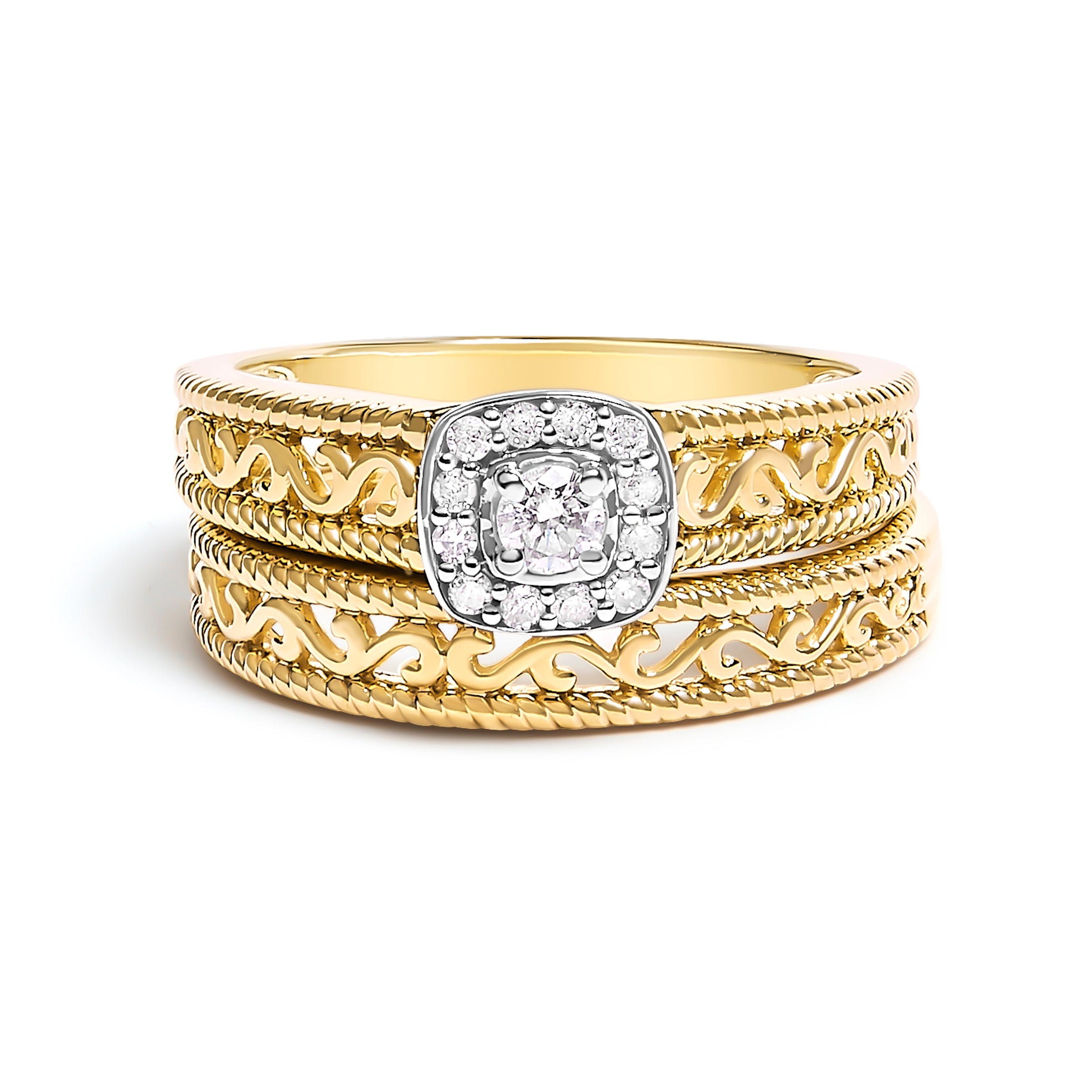 14K Yellow Gold Plated .925 Sterling Silver 1/5 Cttw Diamond Halo and Milgrain Finish Engagement Ring Bridal Set (I-J Color I3 Clarity) - Size 7