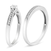 .925 Sterling Silver 1/3 Cttw Diamond Classic Engagement Ring Bridal Set with Milgrain (I-J Color, I3 Clarity) - Ring Size 7