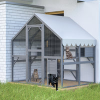 Large Outdoor Cat House, 28ft² Luxury Wooden Cat Run Enclosure Walk in Cat Catio Kitten Condo with 2 Cat Doors, 2 Plaype