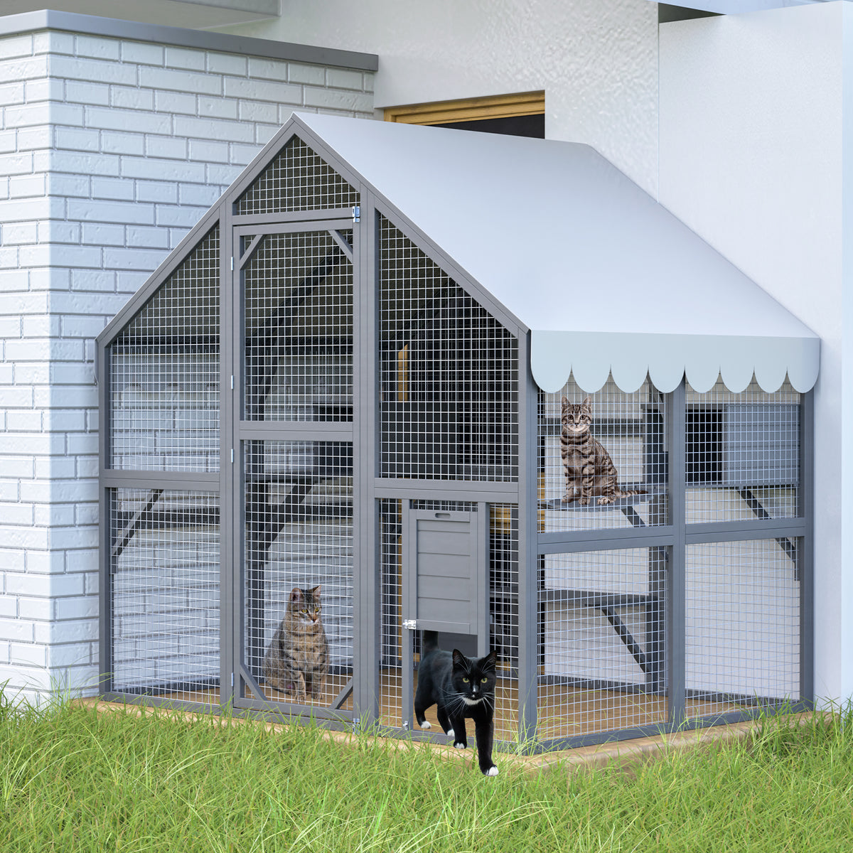 Large Outdoor Cat House, 28ft² Luxury Wooden Cat Run Enclosure Walk in Cat Catio Kitten Condo with 2 Cat Doors, 2 Plaype