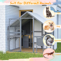 Large Outdoor Cat House, 28ft² Luxury Wooden Cat Run Enclosure Walk in Cat Catio Kitten Condo with 2 Cat Doors, 2 Plaype