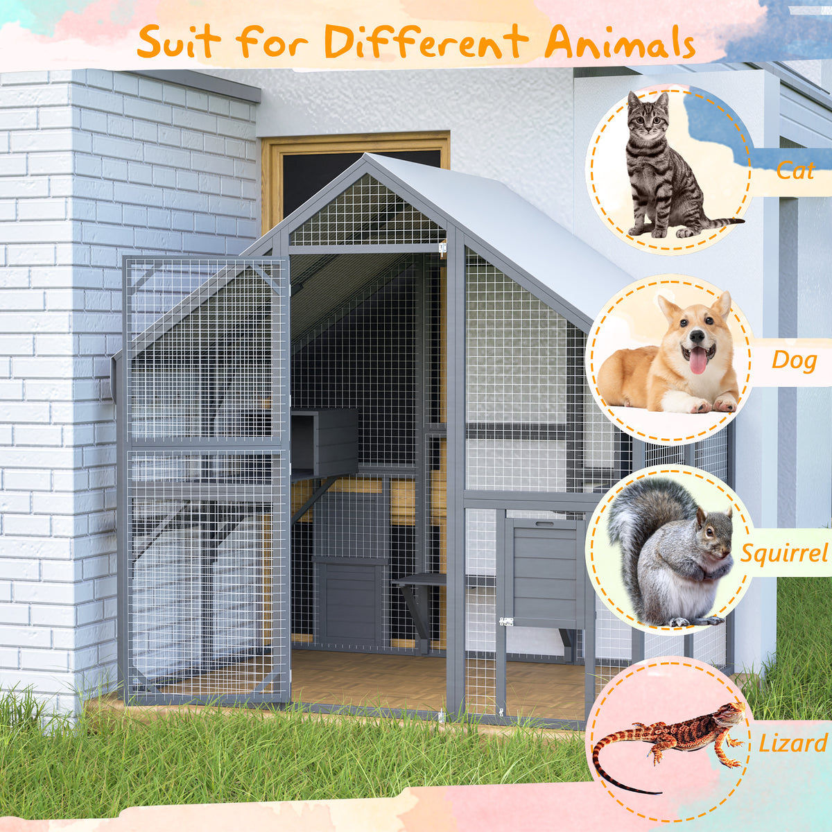Large Outdoor Cat House, 28ft² Luxury Wooden Cat Run Enclosure Walk in Cat Catio Kitten Condo with 2 Cat Doors, 2 Plaype