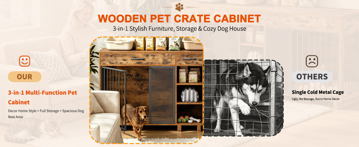 Large Wooden Dog Crate Furniture, Multi-Functional Pet Cage Cabinet with Storage