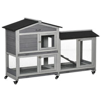 Wooden Mobile Rabbit Hutch With Wheels, Run Box, Slide-out Tray, Ramp