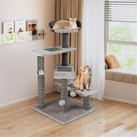 37" tall Cat Stairs with Scratching Mats - 3-Tier Perches, Spring Ball & Dangling Toys for Cats