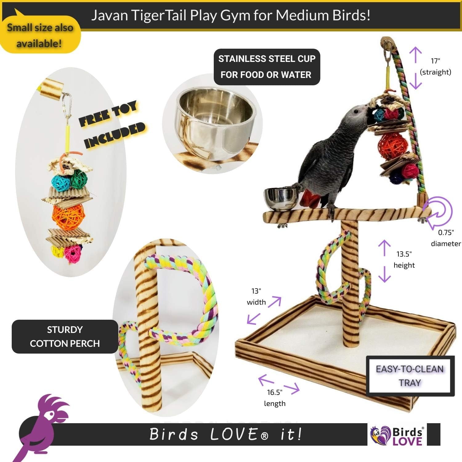 Bird Play Gym Tabletop W Cup, Toy Hanger and Toy, Javan Tigertail Stand- Large - BIG FRENCHIES