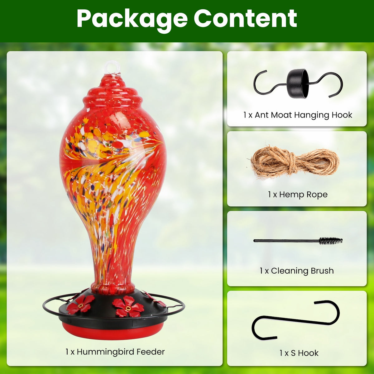 1Pc Glass Hummingbird Feeder 33OZ Hand Blown Hummingbird Feeder With 5 Flower Feeding Port Perch Ant Moat Hanging Hook S
