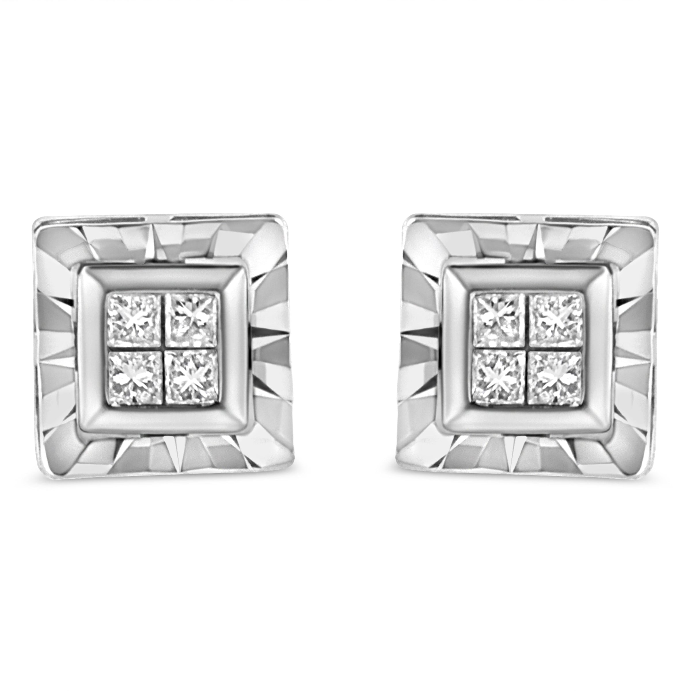 .925 Sterling Silver 1/6 Cttw Invisible Set Princess-Cut Diamond Quad Composite Stud Earrings (H-I Color, I1-I2 Clarity)