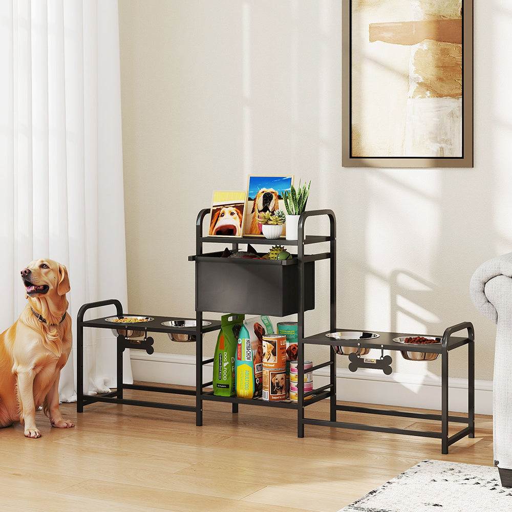 3 Height Adjustable Dog Bowl Stand Oxford Fabric With Features Four Bowls, Toy Bin Basket