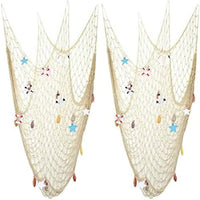 Nature Fish Net Wall Decoration with Shells, Ocean Themed Wall Hangings Fishing Net Party Decor for Pirate Party,Wedding,Photographing Decoration (2pack-Beige/Beige)
