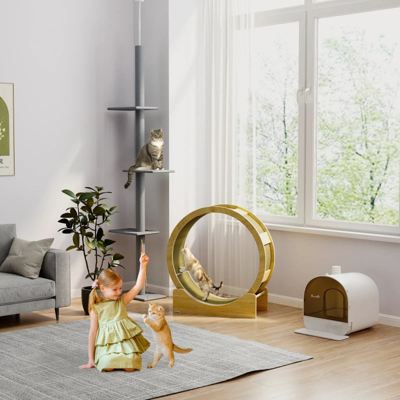 PawHut Floor-to-Ceiling Cat Tree Cat Climbing Tower With Sisal-Covered Scratching Posts Natural Cat Tree Activity Center