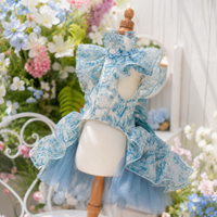 Luxury Blue Floral Pet Wedding Dress with Detachable Long Train Princess Gown