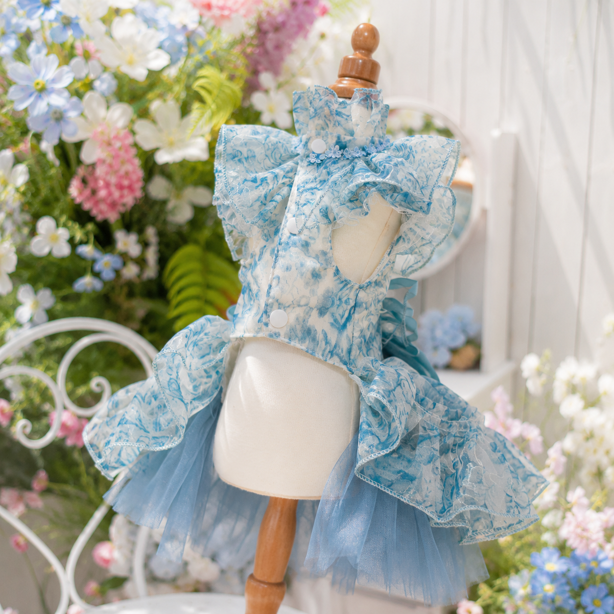 Luxury Blue Floral Pet Wedding Dress with Detachable Long Train Princess Gown