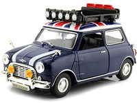Top-Pick | 1961-1967 Morris Mini Cooper RHD (Right Hand Drive) Dark Blue with British Flag on the Top and Roof Rack "City Classics" Series 1/18 Diecast Model Car by Motormax