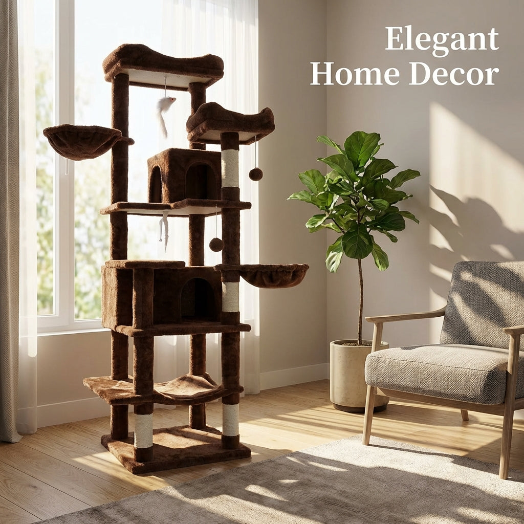 68in Tall Multi-Level Green Cat Tree with Hammocks, Hanging Basket, Cat Cave, Removeable Cushion, Scratching Posts - Plu
