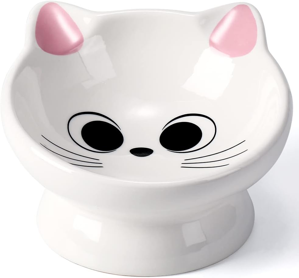 Raised Cat Food Bowl Ceramic 15° Tilted Cat Food Bowls Protect Cat's - Pink Ears / 1
