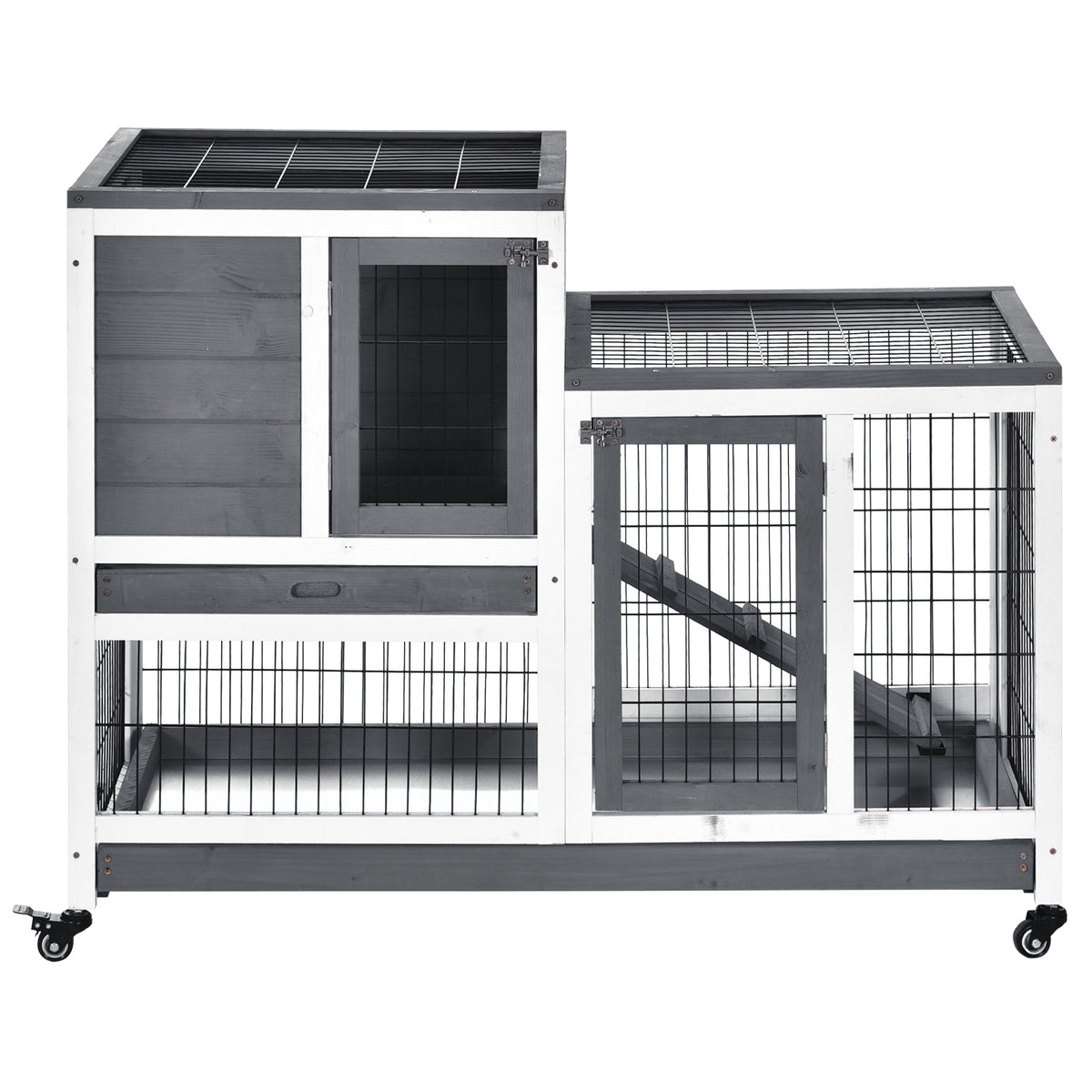 Wooden Rabbit Hutch Elevated Bunny Cage Indoor Small Animal Habitat with Enclosed Run with Wheels, Ramp, Removable Tray 