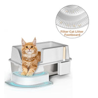 30L Semi Enclosed Cat Litter Box With Footboard And Scoop Stainless Steel Litter Box Plastic Walkway