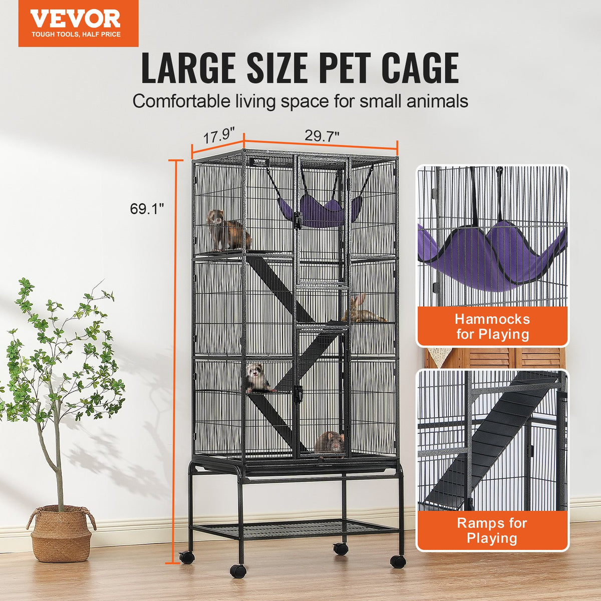 69' Metal Small Animal Cage 4-Tier Rolling Ferret Cage With Tray 3 Ramps
