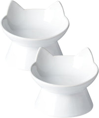 Cat Water Bowl, 15° Tilted and Raised Pet Food Dish - 2 Pack / White Cat