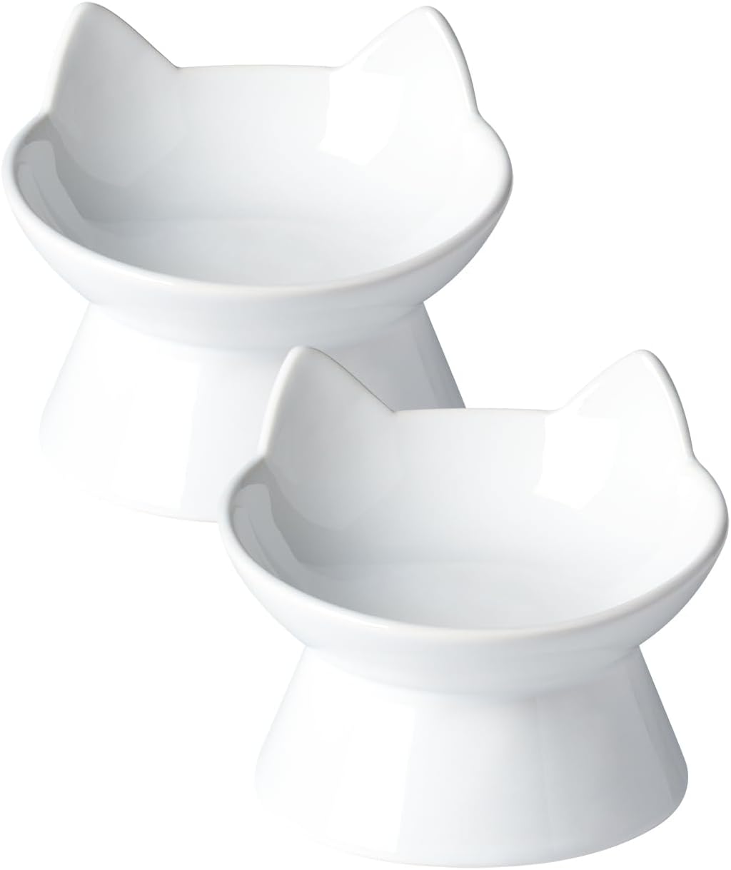 Cat Water Bowl, 15° Tilted and Raised Pet Food Dish - 2 Pack / White Cat