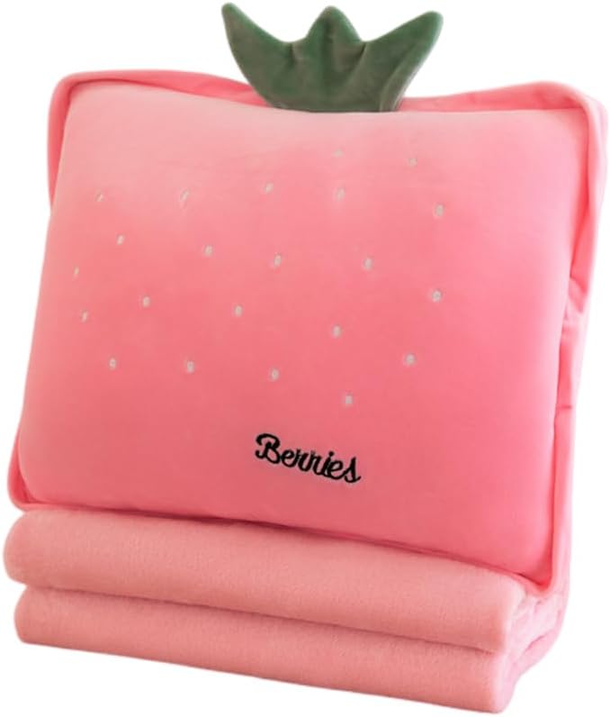 Rikyo pink strawberry travel pillow with a plush blanket folded inside a zip pouch - view 6