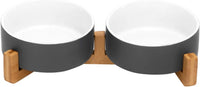SPUNKYJUNKY Ceramic Dog and Cat Bowl with Wood Stand Non-Slip Matte - 1.7 cups / White-Grey × 2