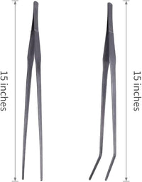 Extra Long Handle Aquarium Tweezers Serving Tongs Feed clamp,2 Pack Stainless Steel Straight and Curved Tweezers Set for Fish Tank Plants Reptile Feeding Tongs（15 Inchs）