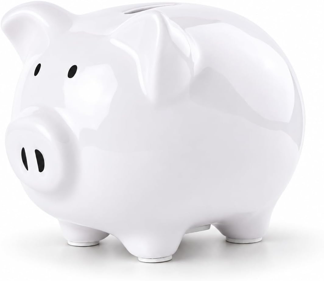 SOBEIT Piggy Bank for Kids Girls Boys, Glazed Ceramic Coin Bank - Style 1 White