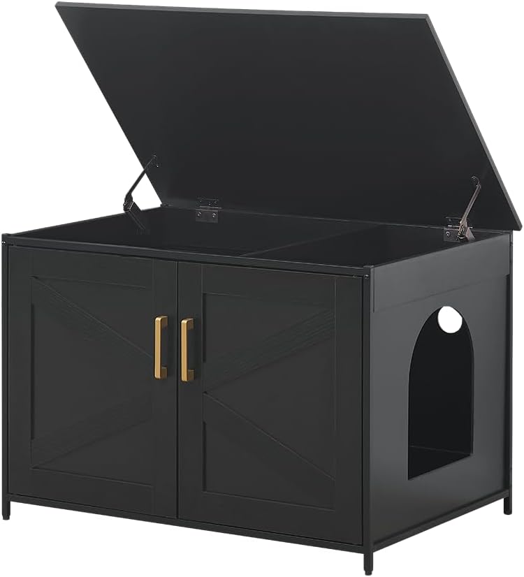 unipaws Cat Litter Box Enclosure Furniture - Black / Top Openning