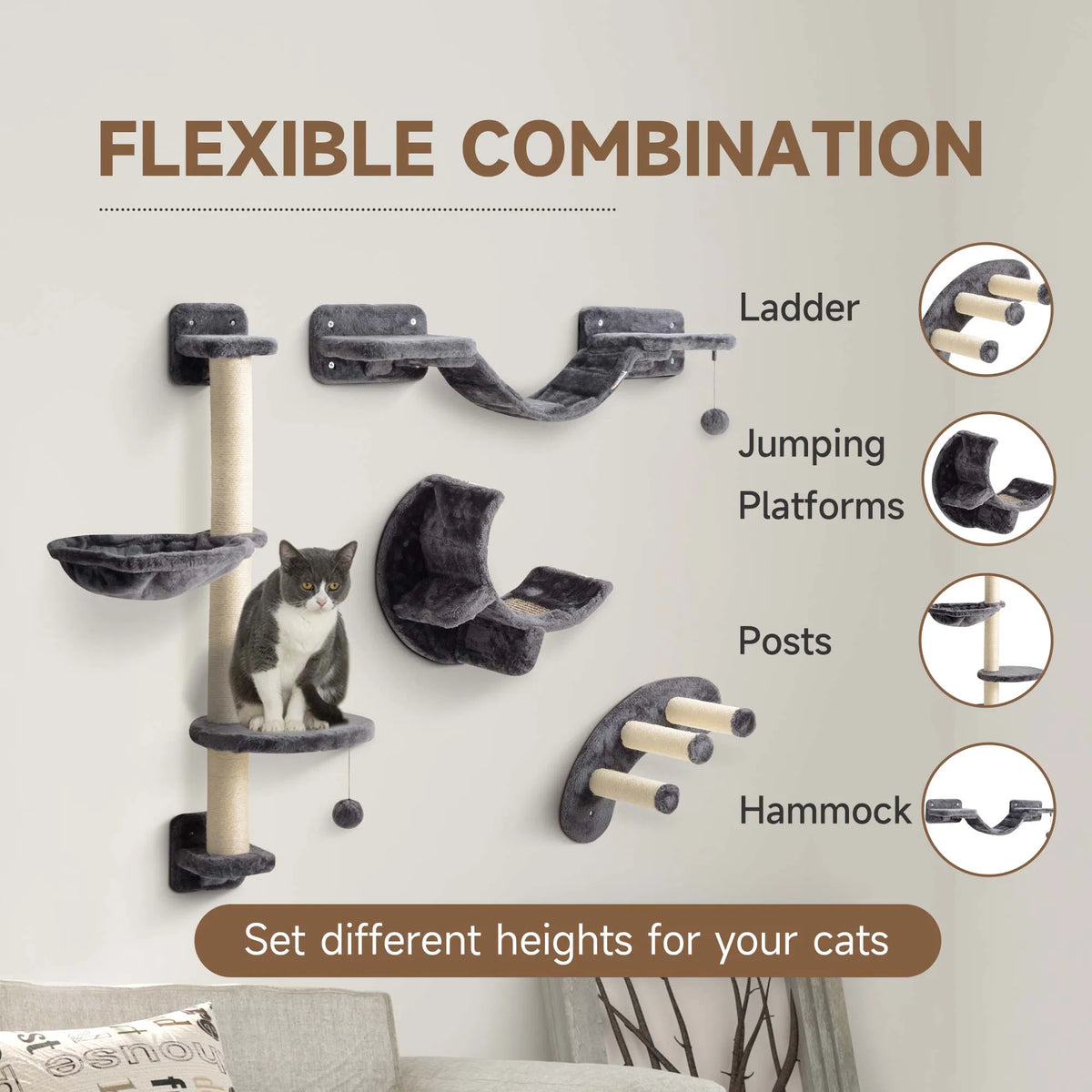 Cat Wall Shelf with Scratching Post, Play Balls, Platforms, Dark Grey