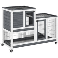 Wooden Rabbit Hutch Elevated Bunny Cage Indoor Small Animal Habitat With Enclosed Run With Wheels, Ramp, Removable Tray 