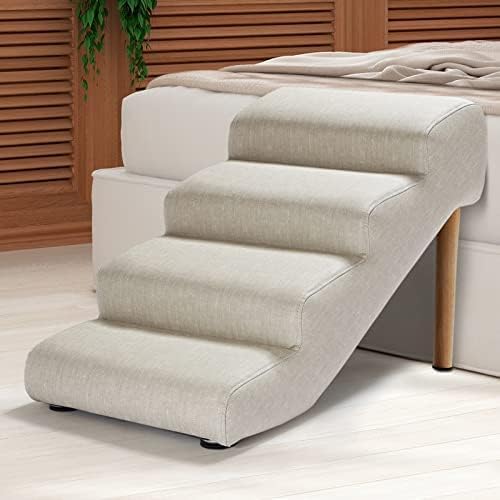 Senneny Imitation Linen Faux Leather Dog Stairs - Light Beige（4 stairs）