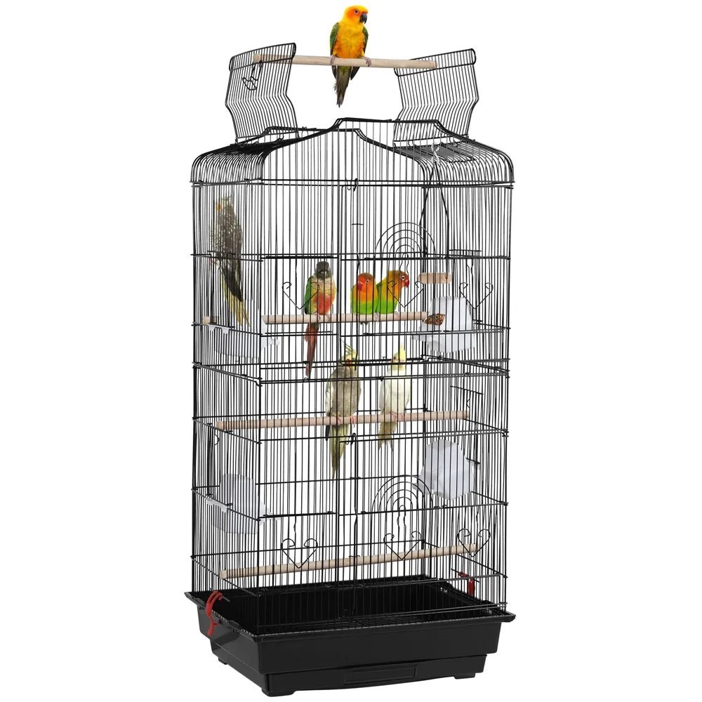 41''H Open Top Metal Birdcage with Slide-Out Tray and Feeders, Black - BIG FRENCHIES