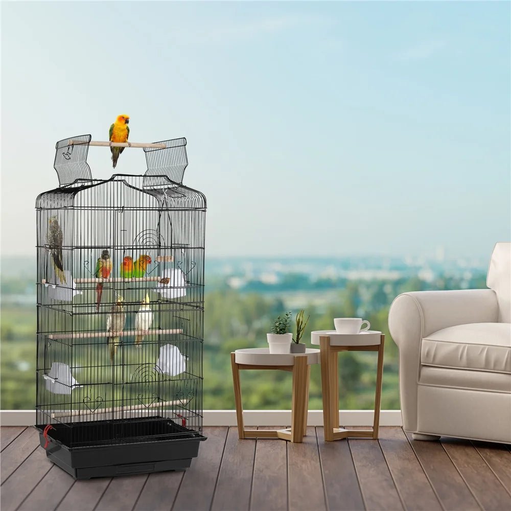 41''H Open Top Metal Birdcage with Slide-Out Tray and Feeders, Black - BIG FRENCHIES