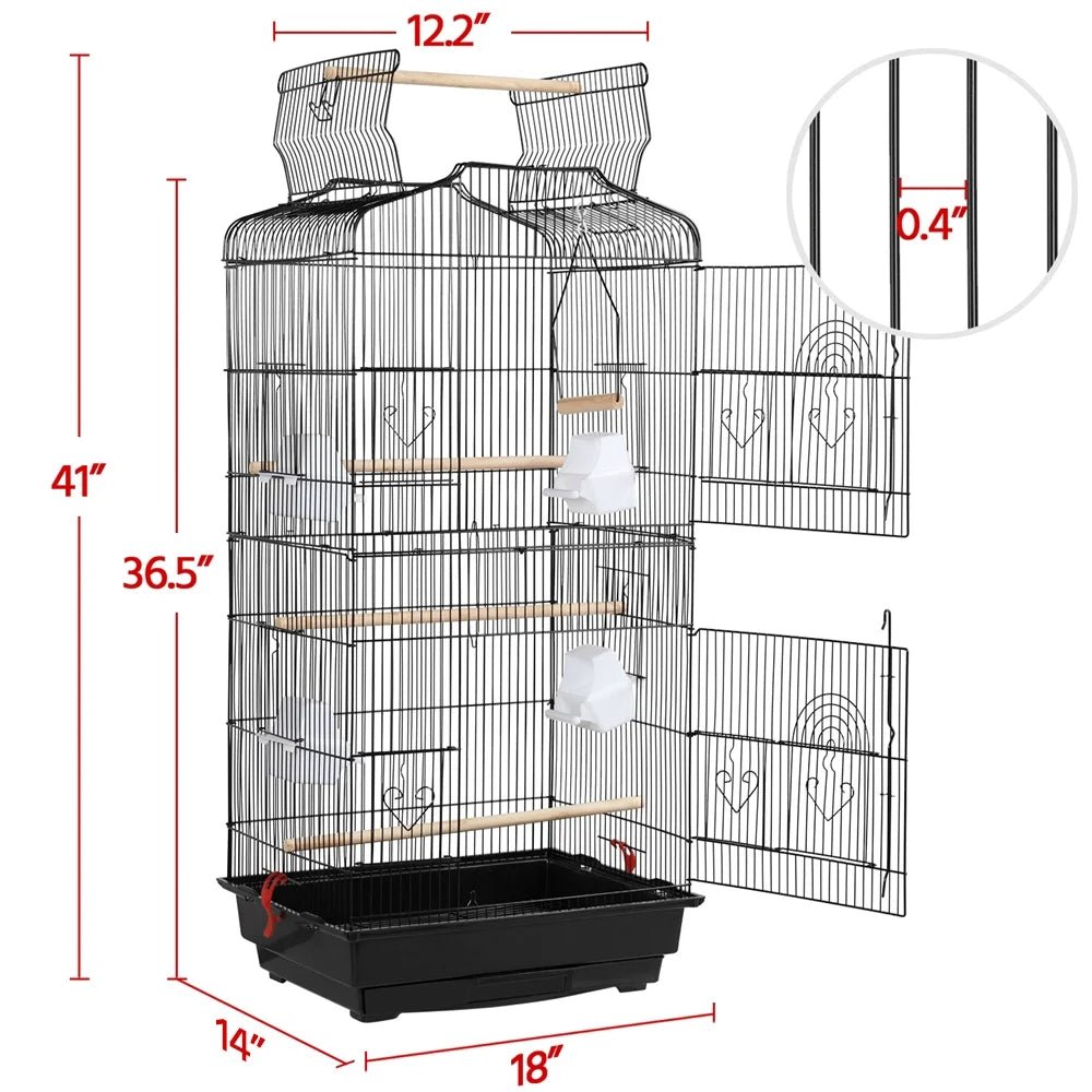 41''H Open Top Metal Birdcage with Slide-Out Tray and Feeders, Black - BIG FRENCHIES