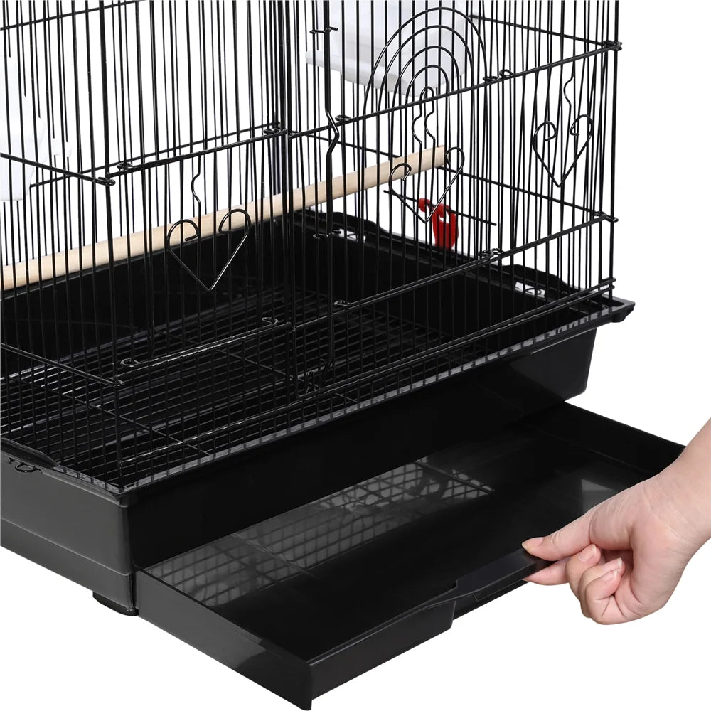 41''H Open Top Metal Birdcage with Slide-Out Tray and Feeders, Black - BIG FRENCHIES
