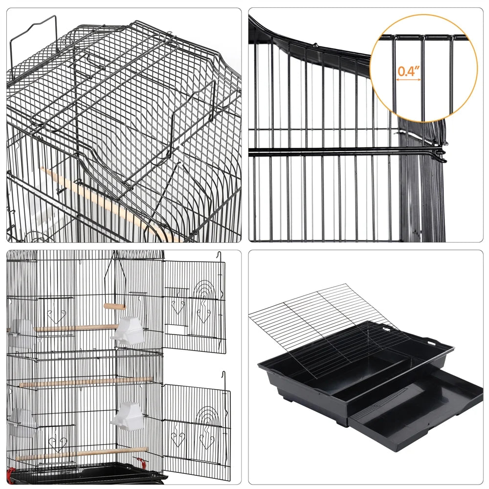 41''H Open Top Metal Birdcage with Slide-Out Tray and Feeders, Black - BIG FRENCHIES