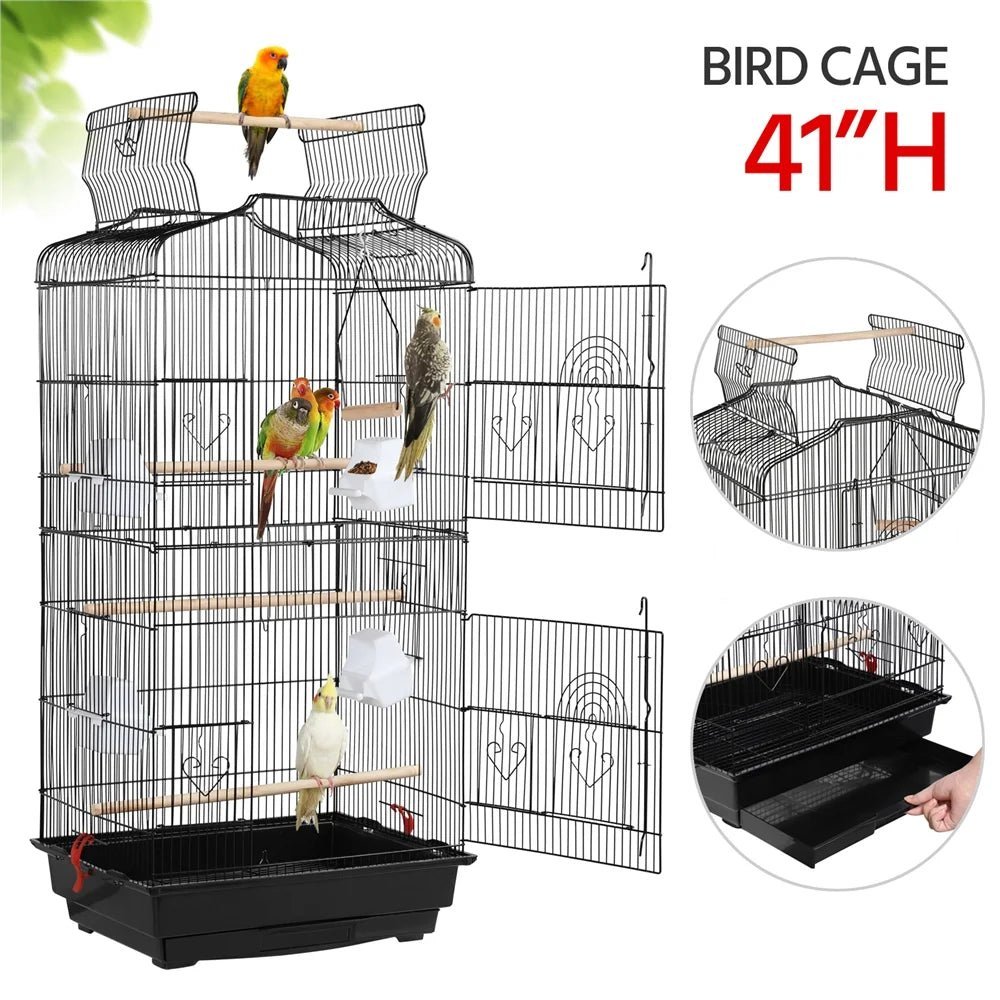 41''H Open Top Metal Birdcage with Slide-Out Tray and Feeders, Black - BIG FRENCHIES