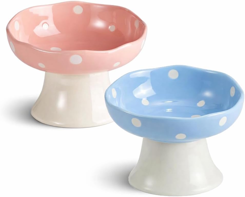 Red Mushroom Cat Bowl, Elevated Ceramic Bowl for Cats – Essentials for Cats - Pink+ Blue
