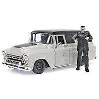 1957 Chevrolet Suburban Gray and Black with Graphics and Frankenstein Diecast Figurine "Universal Monsters" "Hollywood Rides" Series 1/24 Diecast Model Car by Jada