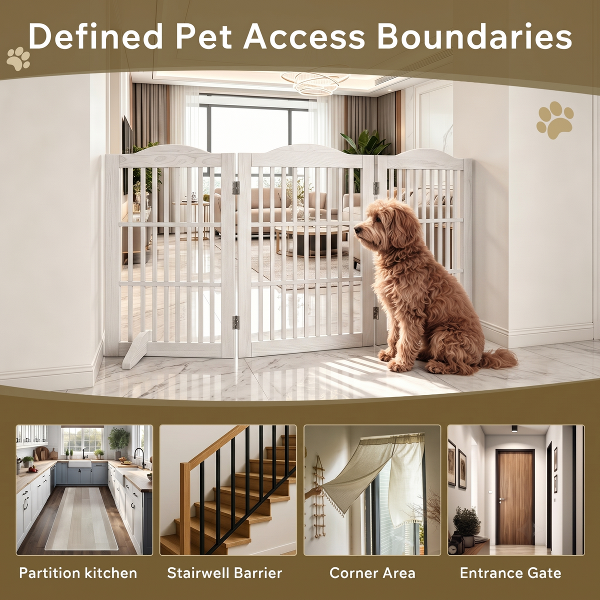 Wooden Freestanding Foldable Pet Gate for Dogs, 30 inch 3 Panels Step Over Fence, Dog Gate for The House, Doorway