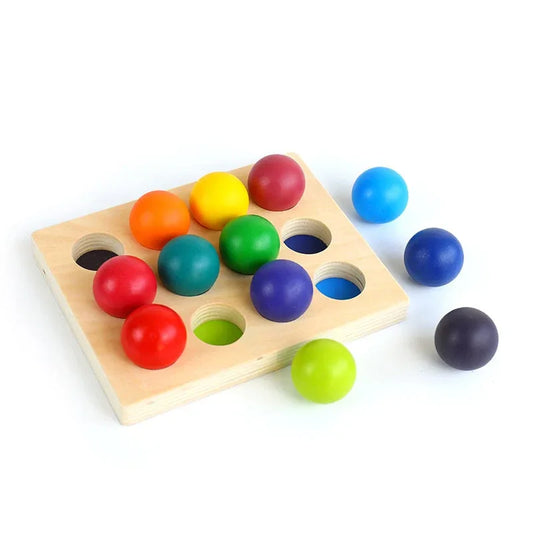 12 Pcs Rainbow Wooden Balls with Tray – Primary Colors (1.4” Diameter) - BIG FRENCHIES