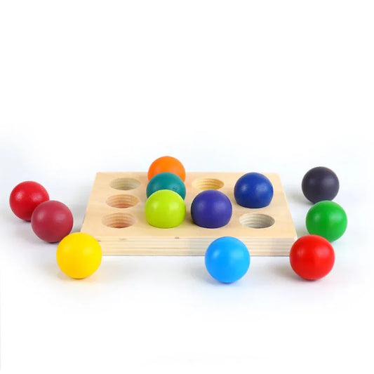 12 Pcs Rainbow Wooden Balls with Tray – Primary Colors (1.4” Diameter) - BIG FRENCHIES